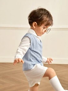 Souflis Souflis 2pcs Baby Boys/Toddlers Formal Classic Elegant Little Gentleman Academy Knitted Cable Vest Shirt Collar Mock Layered Top Shorts Set, White Shirt, Blue Vest, White Trousers