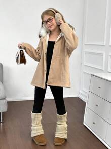 Tween 女童休闲灯芯绒蓬松拼布连帽口袋长袖夹克 秋冬季 - 棕色 - 查看 3