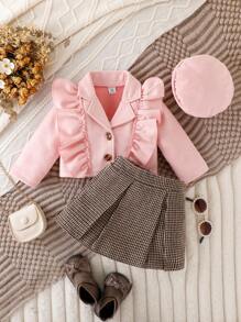 Conjunto de chaqueta y falda con volantes y abotonadura única para bebé niña, con sombrero, ropa de primavera, otoño e invierno - Rosa - Ver 3