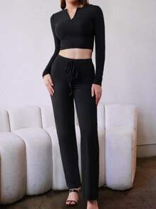 INAWLY 2pcs/Set Women Plain Button Decor Round Neck Long Sleeve Top And Pants Casual Outfit Fall Cloth For Women - Black - View 1