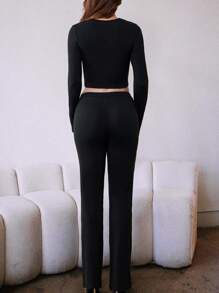 INAWLY 2pcs/Set Women Plain Button Decor Round Neck Long Sleeve Top And Pants Casual Outfit Fall Cloth For Women - Black - View 2