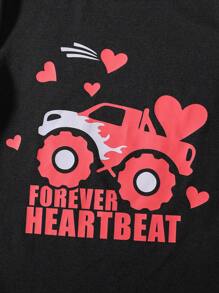 SHEIN 年轻男孩休闲汽车和心形字母印花 T 恤 - 黑色 - 查看 2