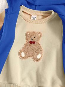 SHEIN 3pcs Baby Boys Autumn/Winter Outfit: Cute Bear Graphic Fuzzy Zip-Up Hooded Jacket, Loose Casual Sweatpants, Solid Color All-Match Crew Neck Pullover Sweatshirt. Suitable For Indoor & Outdoor