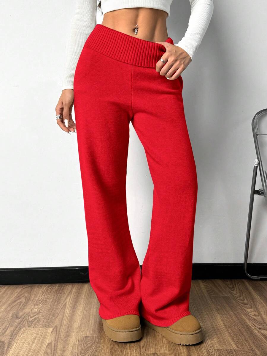 SHEIN EZwear 女式高腰喇叭裤针织裤 - 紅色 - 查看 1