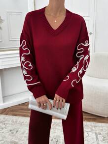 EURMUSE Women Pink Embroidery Detailed Sweater Set - Burgundy - View 6
