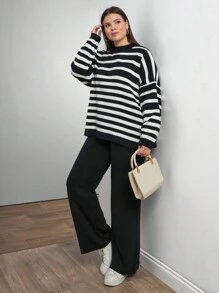 RueChic Women Irregular Stripe Pattern Round Neck Drop Shoulder Pullover & Sweater Pants Set