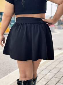 Flirla Falda plisada de línea A de unicolor y minimalista en talla grande, para uso casual diario - Negro - Ver 2