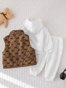 SHEIN 3pcs Baby Boy Cute Cartoon Letter Graphic Warm Thermal Lined Vest, Hoodie, And Pants Set, Suitable For Autumn, Winter, And Outdoor Activities Such As Skiing