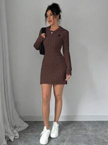 Elenzga Váy len dệt kim bó sát cổ polo thêu chữ thường ngày cho nữ - Cà phê nâu - Xem 4