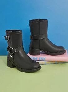 Mini mi 畅销儿童黑色厚底摩托靴，带双扣带和金色五金配件，舒适方头，日常款式 - 黑色 - 查看 2