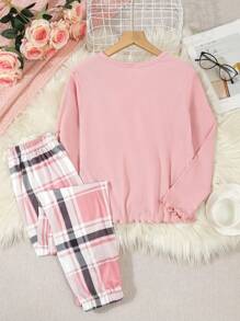 女孩青少年秋季罗纹下摆设计舒适休闲长袖上衣和宽松简约格子裤 2 件套家居服套装 - 粉色 - 查看 2