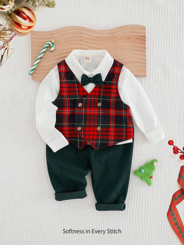 Cozy Pixies 3-delige babyjongensset met contrasterend strikkraagoverhemd, geruit vest en elastische taillebroek, kerstkleding