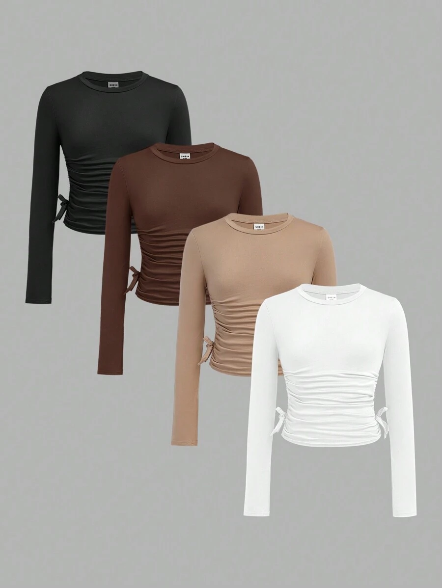 SHEIN Girlism 4pcs/Set Tween Girls Slim Fit Casual Comfortable Wave Collar Heart Print Long Sleeve T-Shirts - Brown - View 1