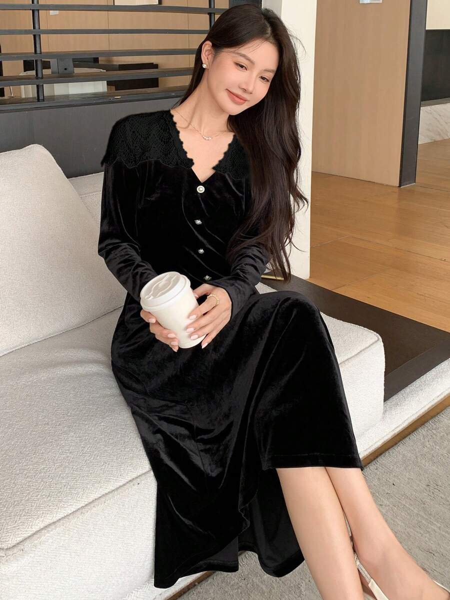 DAZY Women Long Lace Patchwork Bodycon Dress, New Arrival,Fall Dress Long Sleeve Dress - Black - View 1