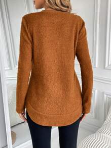 EMERY ROSE Solid Round Neck Teddy Sweatshirt In Fall/Winter - Brown - View 2