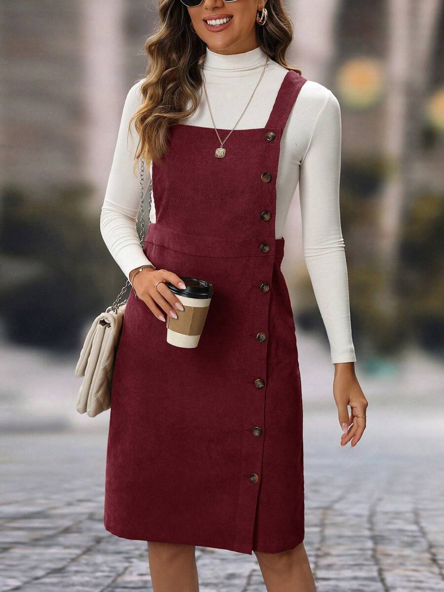 EMERY ROSE Women Casual Solid Color Corduroy Button Front Pinafore Dress - Burgundy - View 1