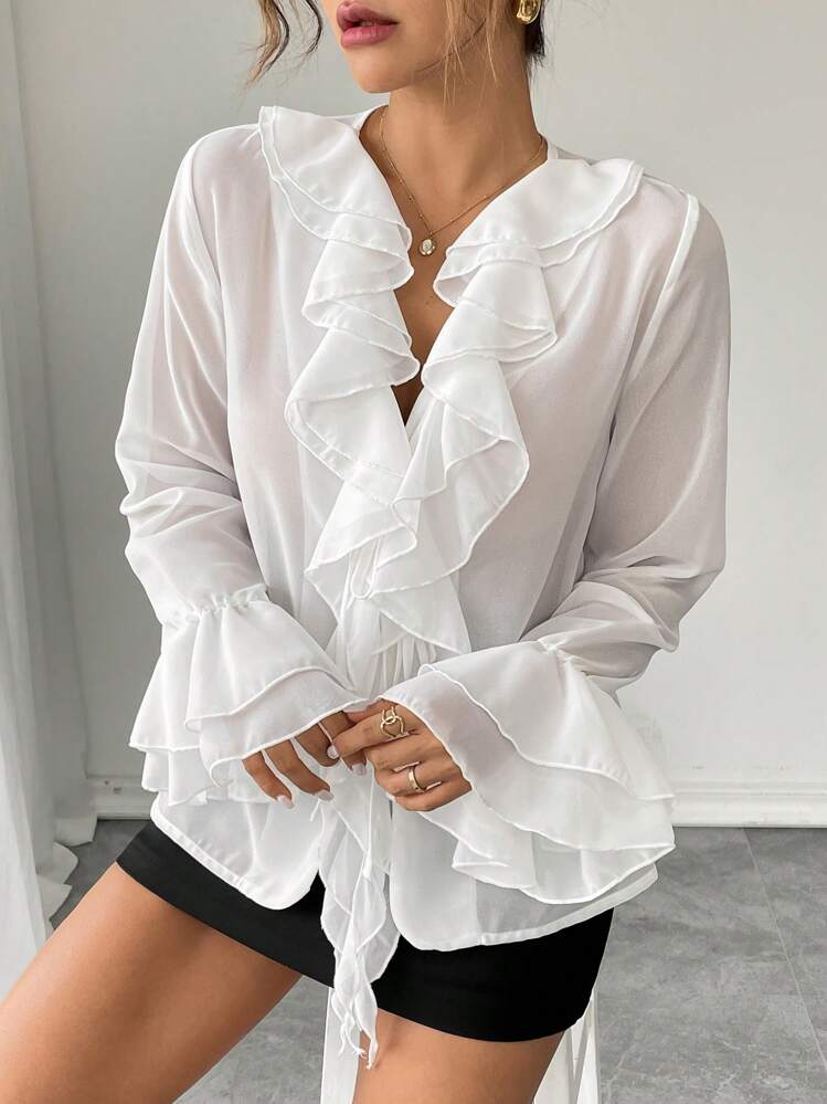 Rafferiza Camisa Casual Solta de Mulher com Mangas de Lanterna, Gola V, Amarração, Cor Sólida Clássica em Chiffon, Outono - Branco - Visão 4