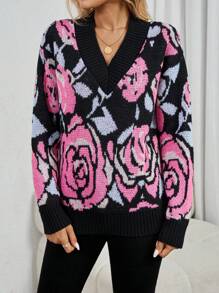 SHEIN LUNE Women Floral Printed Loose Fit V-Neck Long Sleeve Sweater, Autumn/Winter Knit Pullover Fall - Black - View 7