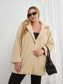 SHEIN Cottnline Manteau en tissu teddy mi-long à col châle pour femmes grande taille, pour l'hiver - Beige - Voir 4