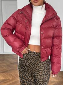SHEIN EZwear Cappotto imbottito casual con zip frontale a maniche lunghe di colore rosso per l'inverno - Rosso - Visualizzare 6