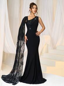 SHEIN Belle Vestido formal de fiesta elegante para mujer, de punto negro con contraste de encaje en la cintura, vestido de noche, vestido de graduación, para invitados de boda, cena