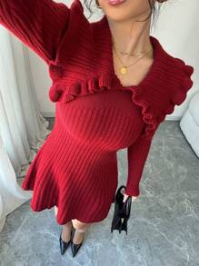 Chiquease 女式彼得潘领荷叶边修身 A 字形毛衣裙，秋冬款 - 酒紅色 - 查看 6