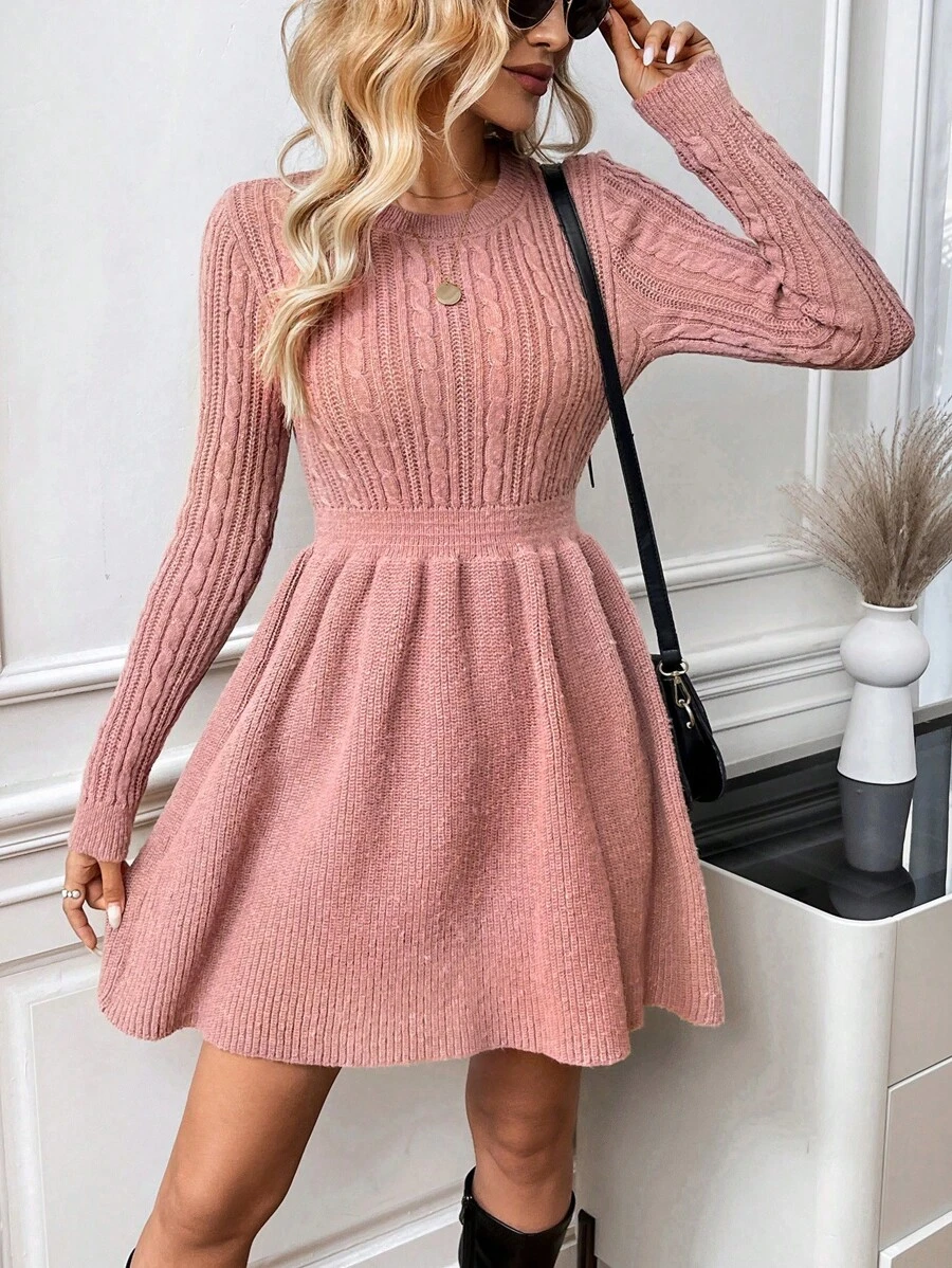 SHEIN LUNE 圆领粗针织 A 字中长连衣裙，休闲通勤优雅街头服饰，女士温暖冬季毛衣连衣裙 - 藕粉色 - 查看 1