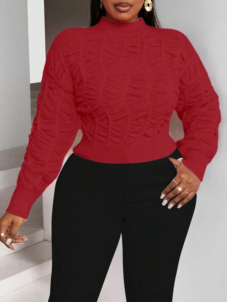 Maweii Plus Size Casual Solid Color Drop Shoulder Sweater, Autumn/Winter For New Year Knit Pullover Fall - Red - View 1