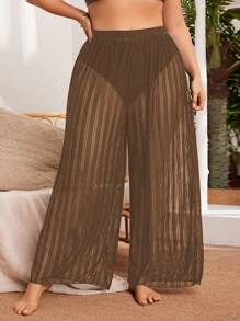 SHEIN Swim Curve Plus Size Solid Color Sheer Elastic Waist Casual Vacation Pants & Cover-Up Summer - Coffee Brown - View 1