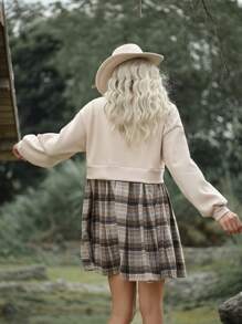 LanaWest 1pc Women Plaid Patchwork Long Sleeve 2 In 1 Dress