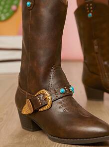 Mini mi Bestselling Kids' Brown Mid-Calf Cowboy Boots With Vintage Buckle, Turquoise Accents, Distressed Pu-Playful, Chicluxurious Look.
