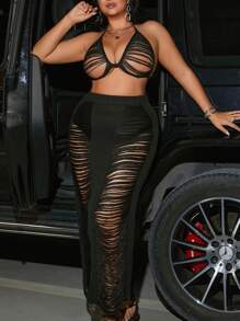 Plus Size Women Hollow Sexy 2 Pieces Bikini Cover-Up Set Summer - Black - View 6