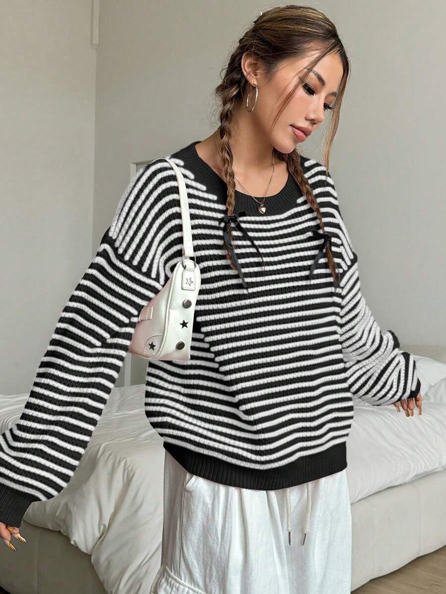 SHEIN Unity Striped Print Casual Versatile Long Sleeve Pullover Sweater Knit Pullover Fall Winter - Black - View 1