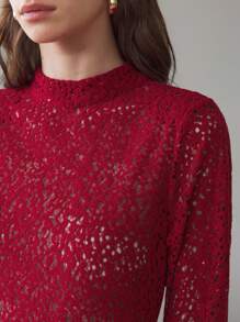 Ontre Women's Deep Red Lace Backless Fitted Long Sleeve Elegant Party Dress For Christmas & New Year - Red - View 7