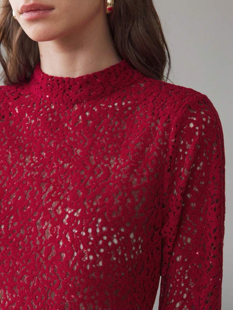 Women's Deep Red Lace Backless Fitted Long Sleeve Elegant Party Dress For Christmas & New Year