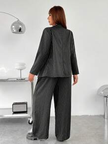 SHEIN EZwear Plus Size Striped Blazer & Pants Set, Early Fall - Black - View 2