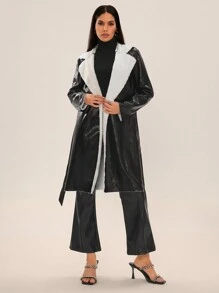 SHEIN SXY F秋冬女式长款外套休闲保暖 PU 毛绒内衬长袖口袋夹克（配腰带）；所有女装；黑色皮夹克；女式长款外套 - 黑色 - 查看 6