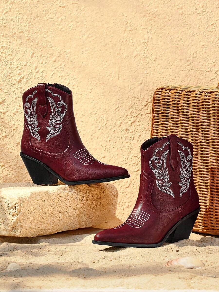 Styleloop Camel PU + Distressed Finish Women Vintage Pointed Toe Chunky Heel Ankle Boots For Christmas And New Year Holiday Vibe Fall And Winter Valentines Valentine's Day