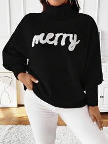 SHEIN Unity 大码女式字母图案高领长袖休闲毛衣，秋冬款