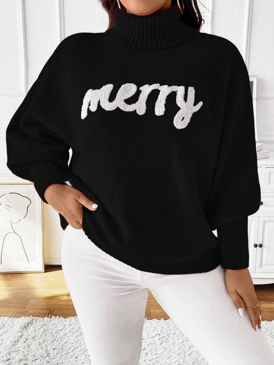 SHEIN Unity 大码女式字母图案高领长袖休闲毛衣，秋冬款