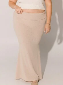 Aralina Curve Ribbed Knit High Waist Bodycon Elegant Winter Maxi Skirt - Camel - View 1