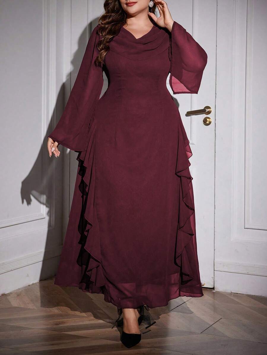 Modelyn 大码女式垂领长袖纯色海藻条纹优雅派对礼服，优雅 A 字型长款连衣裙，适合晚会/婚礼嘉宾/周年纪念长款晚礼服 - 酒紅色 - 查看 1