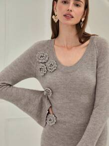 Enchnt Women's Elegant Solid Color 3D Floral Decoration Trumpet Sleeve Maxi Sweater Dress, Christmas Sweater, Party Dress, Thanksgiving Women's Dress, Christmas Dress, Autumn And Winter Women's Dress, Church Dress - Grey - View 4