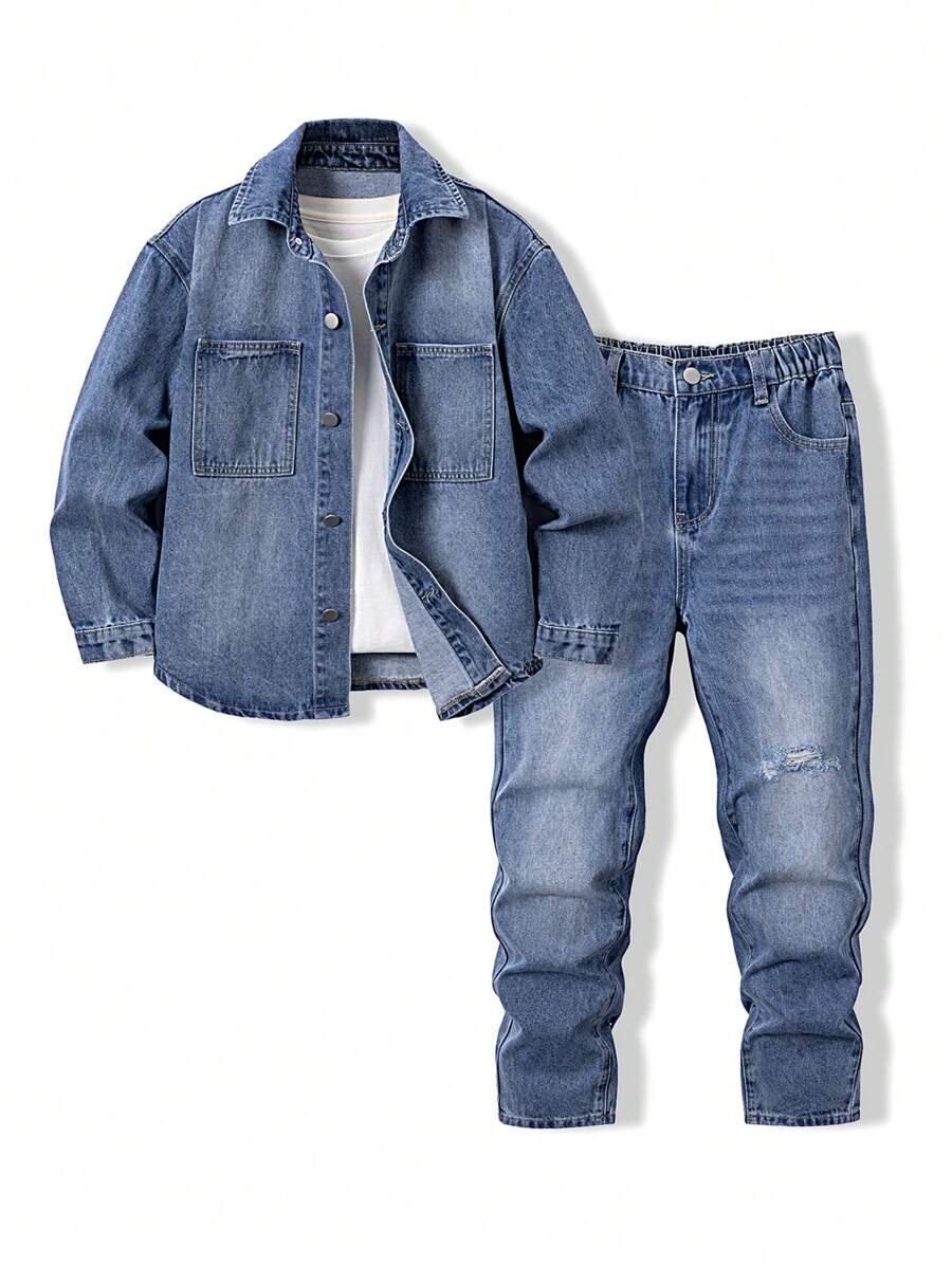 SHEIN 男童中度水洗蓝色休闲牛仔夹克和直筒牛仔裤套装 - 中等水洗藍 - 查看 1