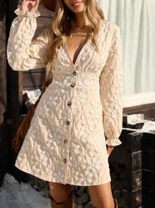 SHEIN VCAY Đầm mini thanh lịch cổ chữ V dài tay, đơn hàng khuy, họa tiết hoa Jacquard dành cho nữ, mùa thu - Màu be - Xem 7