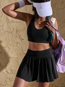 VARSITIE Backless Adjustable Pleated Skirt With Hook Fastening Women Sports Sets - Black - View 1