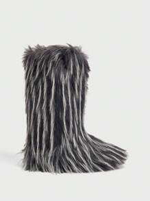 Sugerpunk Women Color Block Plush Mid-Calf Fuzzy Boots, Suitable For Autumn And Winter - Baby Blue - View 2