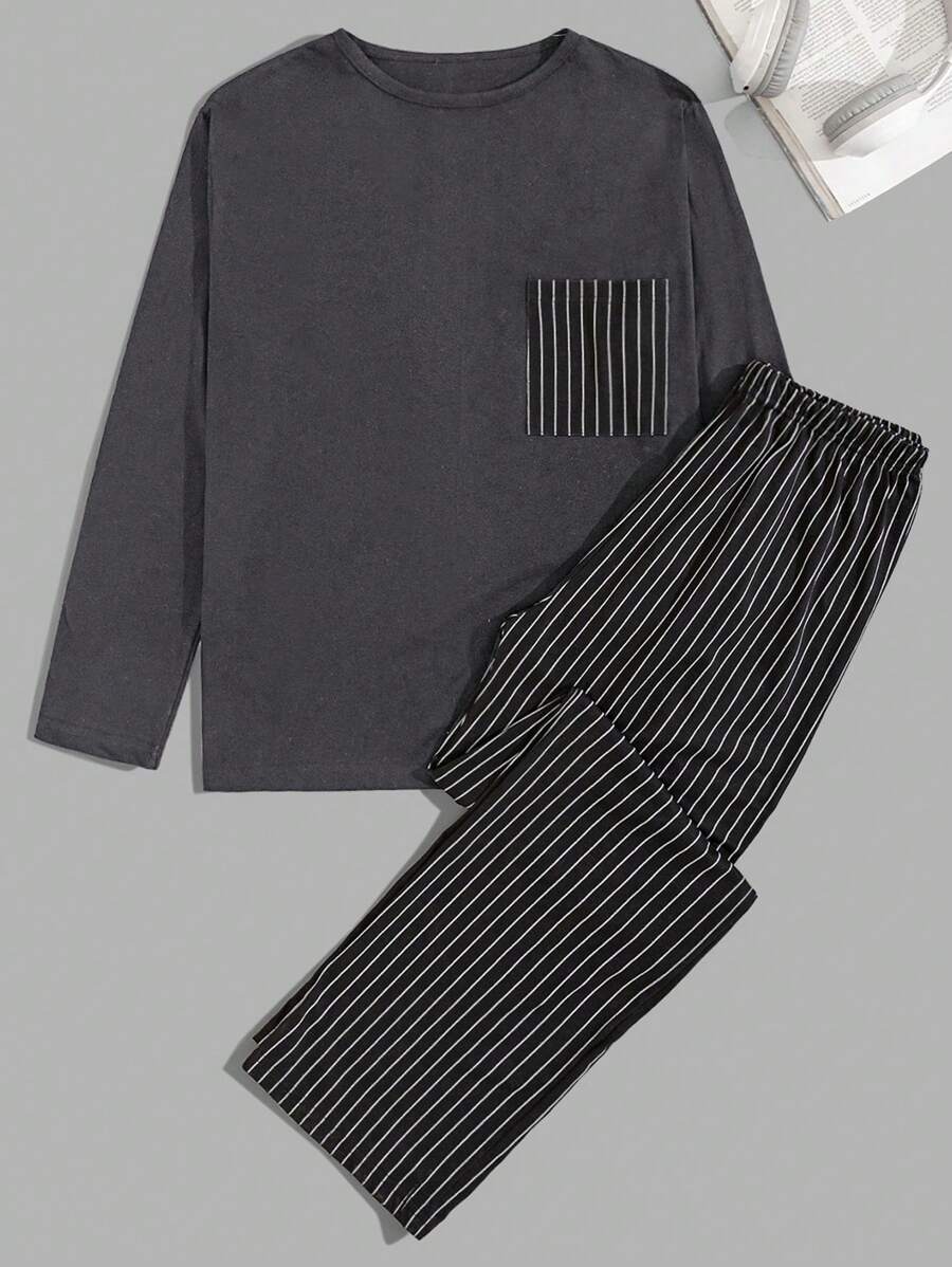 EURMUSE 男士条纹裤条纹口袋常规长袖家居服套装 - 深灰色 - 查看 1