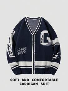 Manfinity Homme Áo khoác cardigan đơn hàng ngày tay dài in chữ cỡ lớn cho nam, áo khoác cardigan dáng rộng thả vai họa tiết chữ mùa thu đông màu xanh hoàng gia, dành tặng chồng, quà tặng bạn trai - Màu xanh hải quân - Xem 1