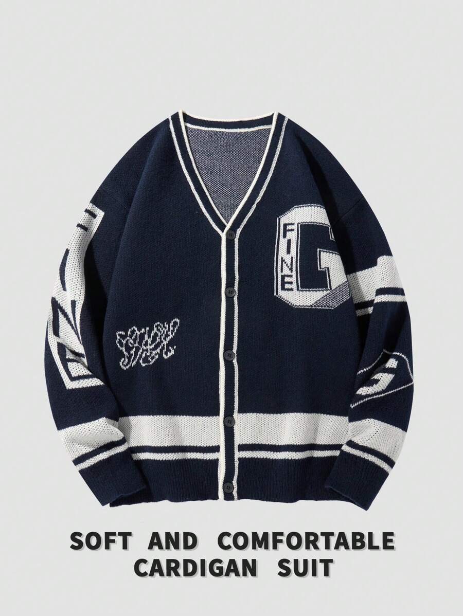 Manfinity Homme Áo khoác cardigan đơn hàng ngày tay dài in chữ cỡ lớn cho nam, áo khoác cardigan dáng rộng thả vai họa tiết chữ mùa thu đông màu xanh hoàng gia, dành tặng chồng, quà tặng bạn trai - Màu xanh hải quân - Xem 1